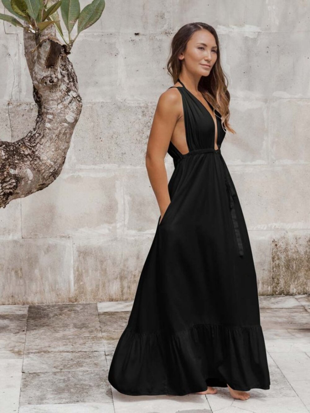 AMARIS Aurora Bamboo  Poplin Maxi Dress with Pockets – Black